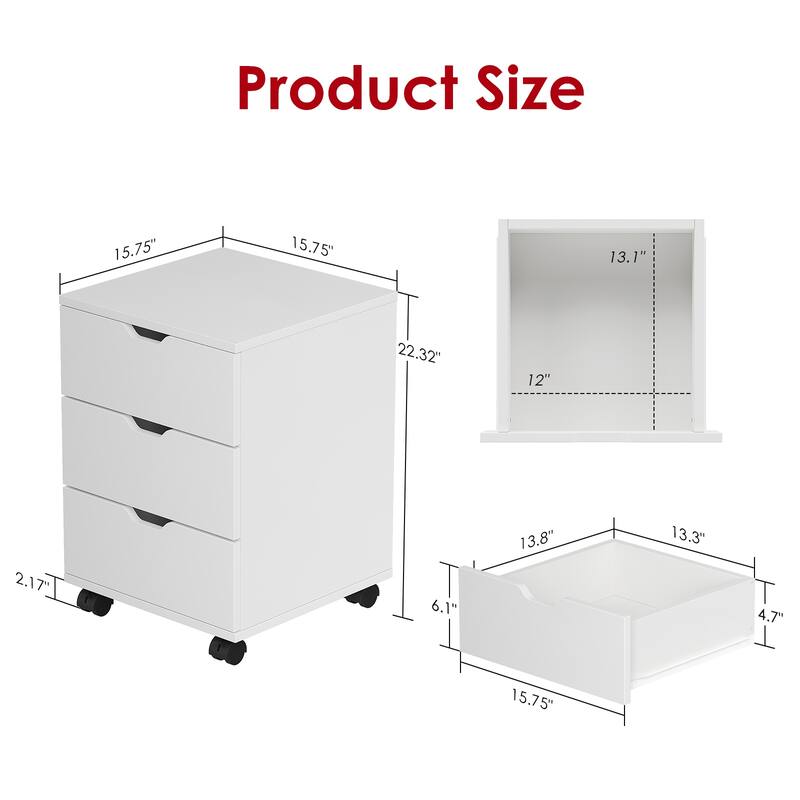 3-Drawer Vertical Filing Cabinet Rolling Wood Mobile File Cabinets Under Desk for Home Office with Casters (Non-Assembled)