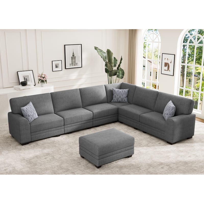 7 Piece Modular Corduroy Sectional With Ottoman - Grey