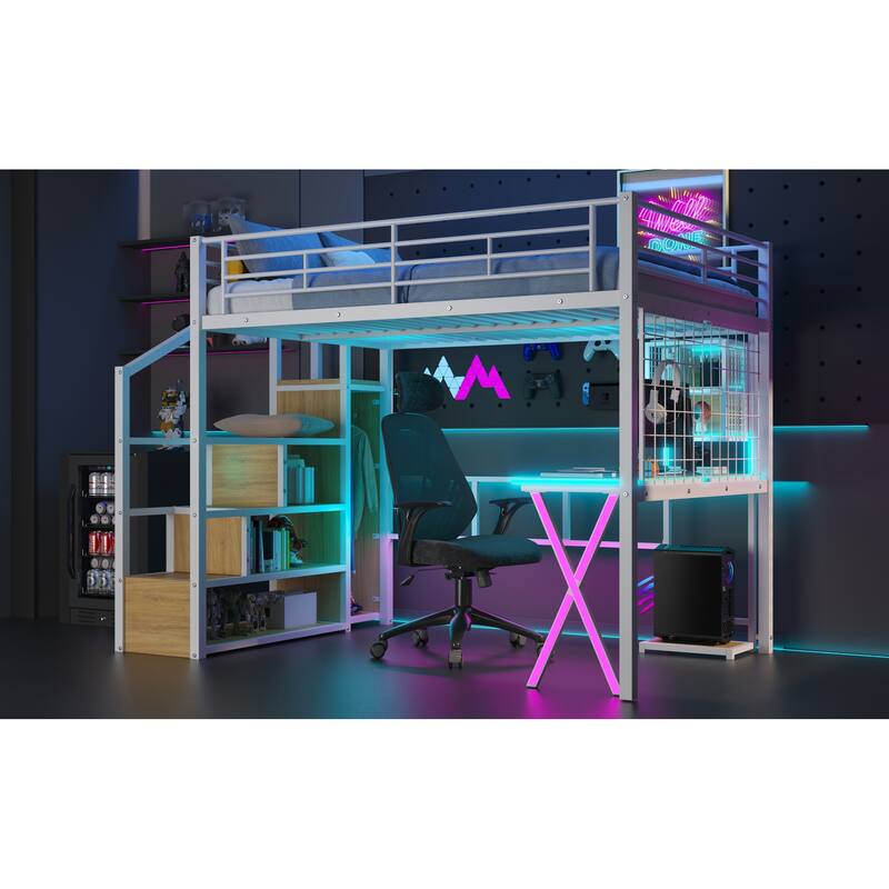 Full Size Metal Loft Bed with Desk, LED-Lit Shelves, Built-in Wardrobe, and Storage Stairs, Workstation Combo for Kids or Teens