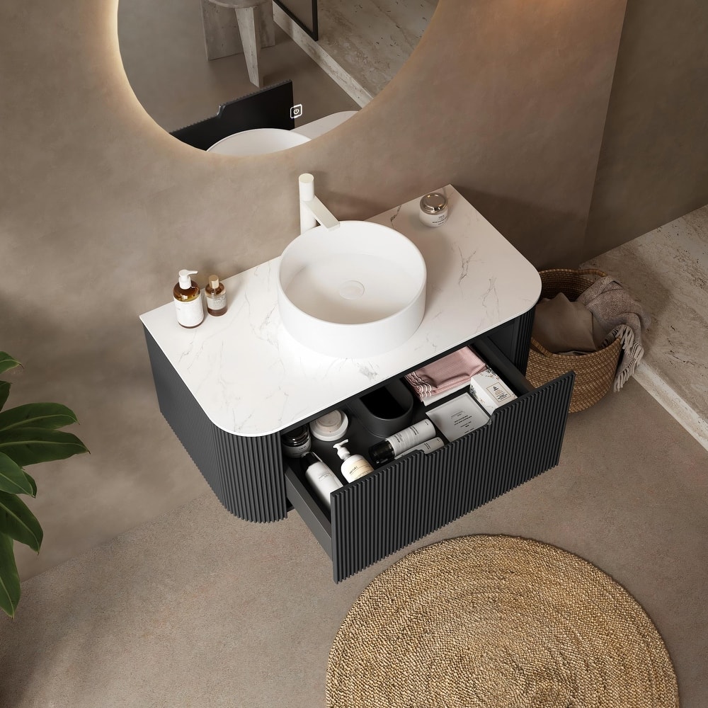 Modland 24"-60" Wall Mount Vanity with Vessel Sink - French Stripes, Pre-Assembled, Soft-Close Drawer