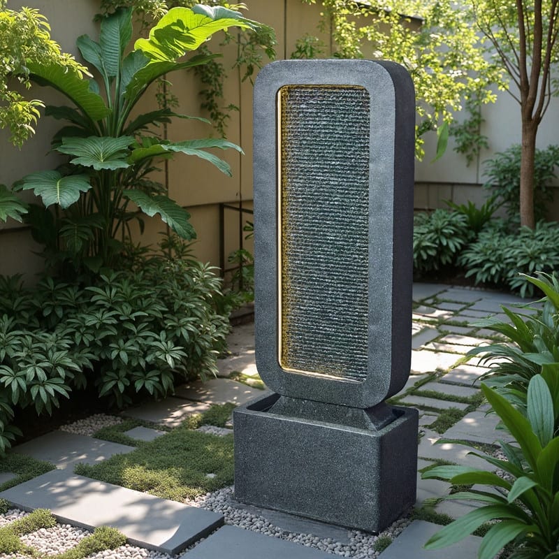 Gray Polyresin Modern Style Cascade with LED Light Weather Resistant Waterfall Fountain