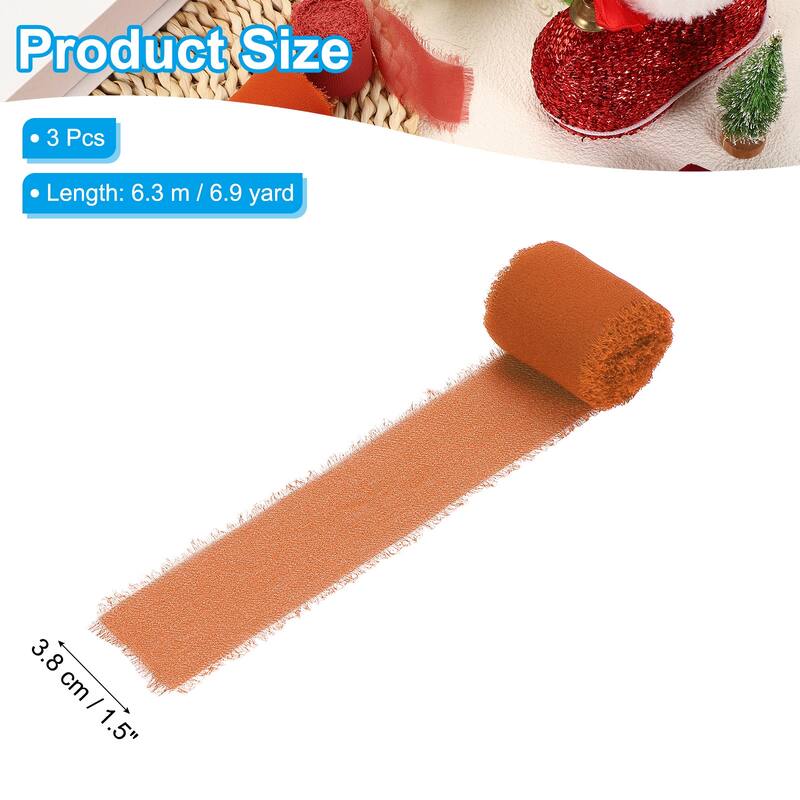 3 Roll 1.5"x7 Yd Handmade Fringe Chiffon Ribbon Frayed Silk Ribbon - 1.5"x7 Yd - Rust Red