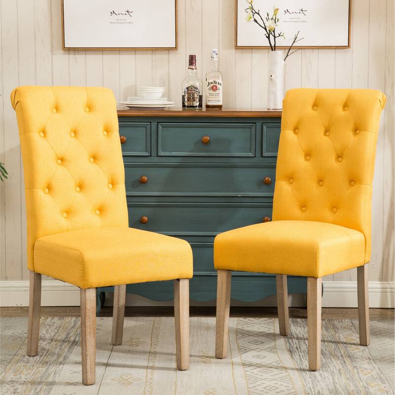 Set of 2 Upholstered Chair Dining Chair with Button Tufted Backrest, Reception Chair Accent Chair with Wood Frame, Yellow