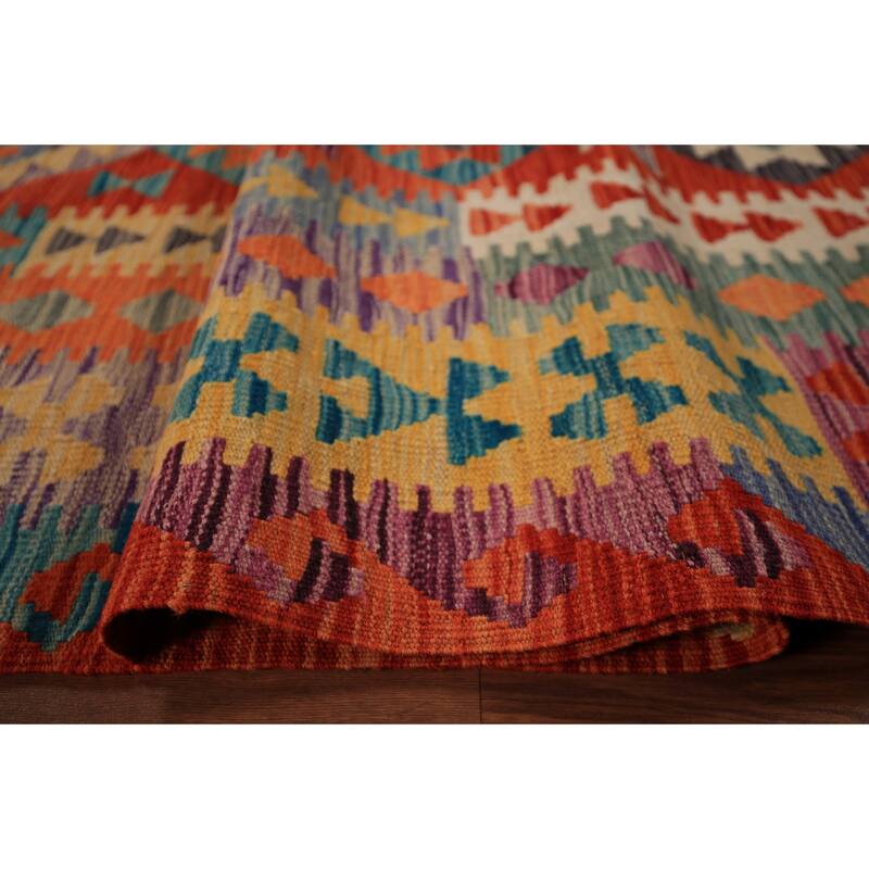 Kilim Oriental Area Rug Flatweave Geometric Orange Wool Carpet - 8'2" x 11'5"