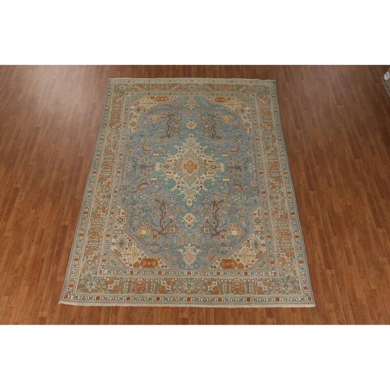 Blue Tabriz Persian Vintage Area Rug Hand-Knotted Oriental Wool Carpet - 8'3" x 11'4"