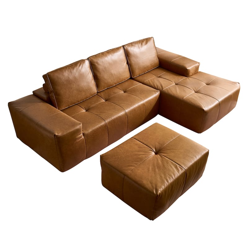 HOOOWOOO Mid-Century Modern Upholstery Fabric L-shaped Sectional Sofa Couch with Ottoman