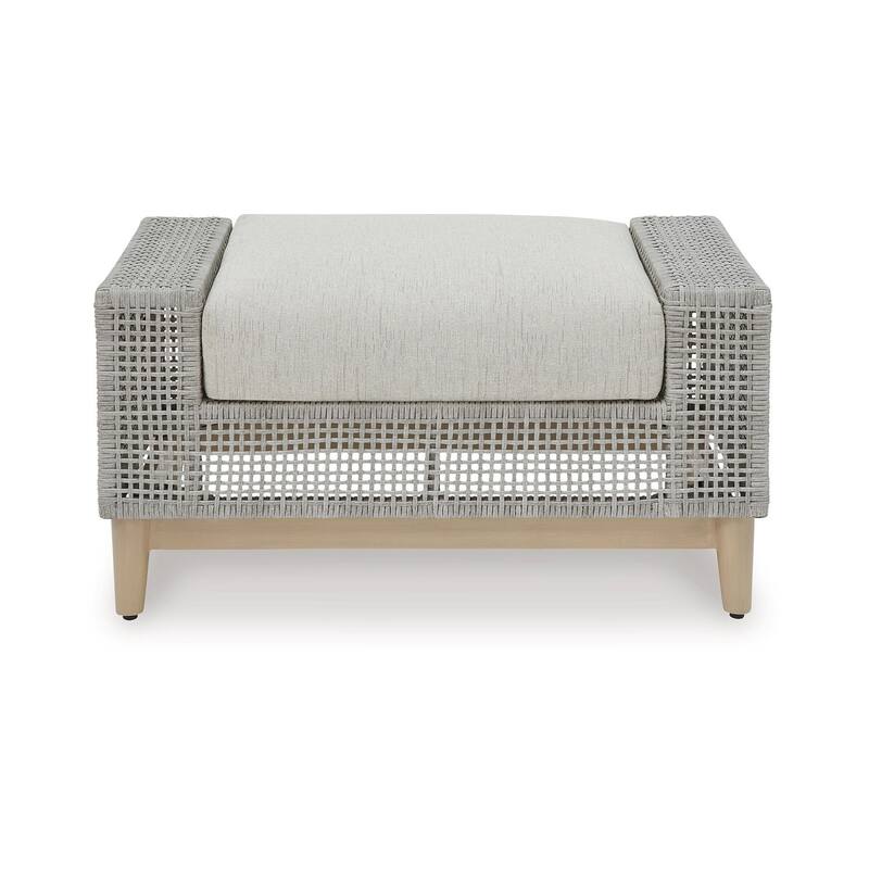 Yami Outdoor Ottoman, 35 Inch, Gray Woven Resin Wicker, Cushioned Seat