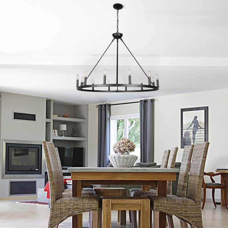 12 Light Chandelier Wagon Wheel (37” Wide) Matte Black Steel Frame