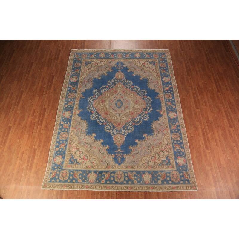 Blue Traditional Tabriz Persian Rug Hand-Knotted Wool Carpet - 9'4"x 12'7"