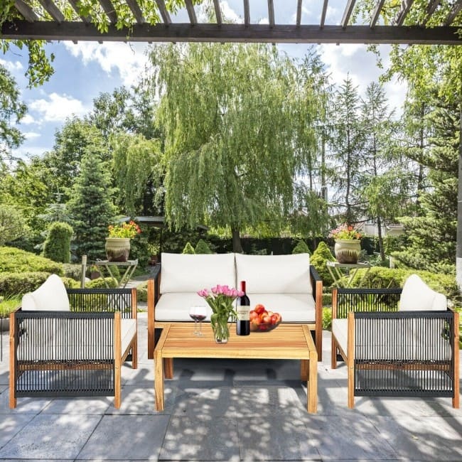 4 Pcs Acacia Wood Outdoor Patio Furniture Set with Cushions - 52" x 26" x 25" (L x W x H)