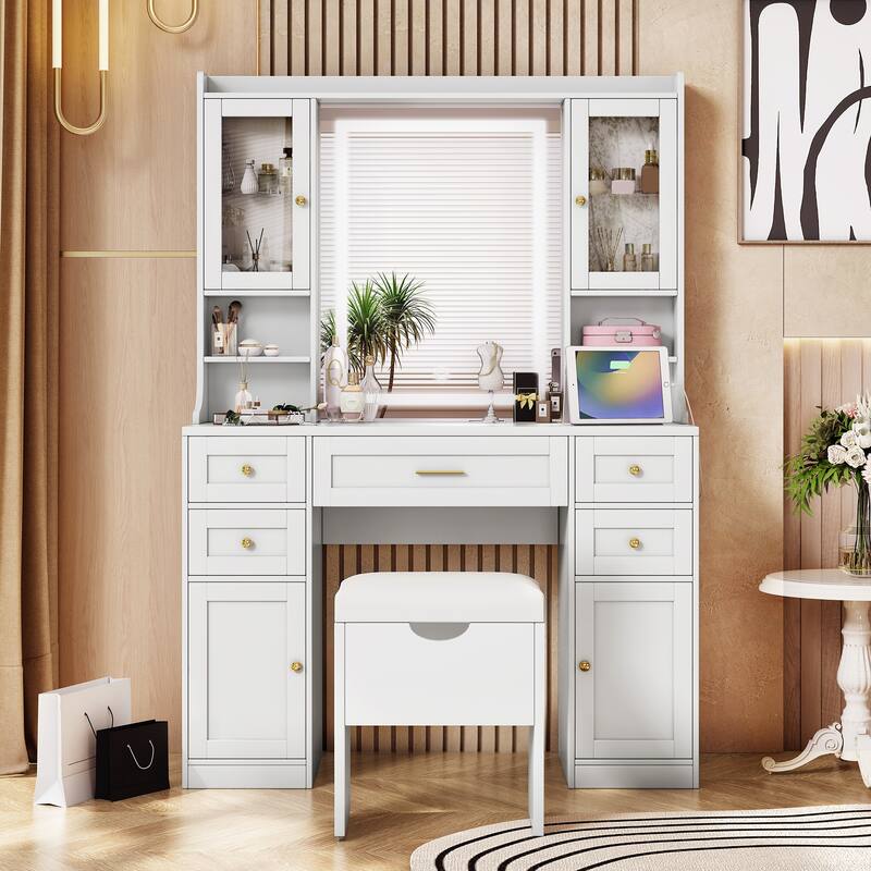 41.4" Makeup Vanity Desk with Mirror and Lights, Dressing Table with Charging Station and Cushioned Storage Stool