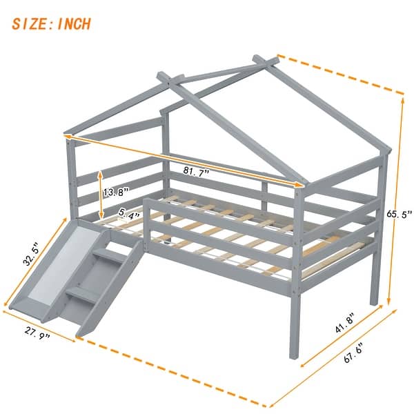 Elegant Twin Low Loft House Bed with Slide, Ladder, Safety Guardrails and House Roof Frame, Space for Entertainment, Grey