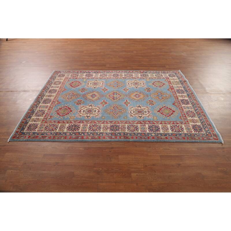 Light Blue Kazak Area Rug Hand-Knotted Bedroom Wool Carpet - 4'10" x 6'7"