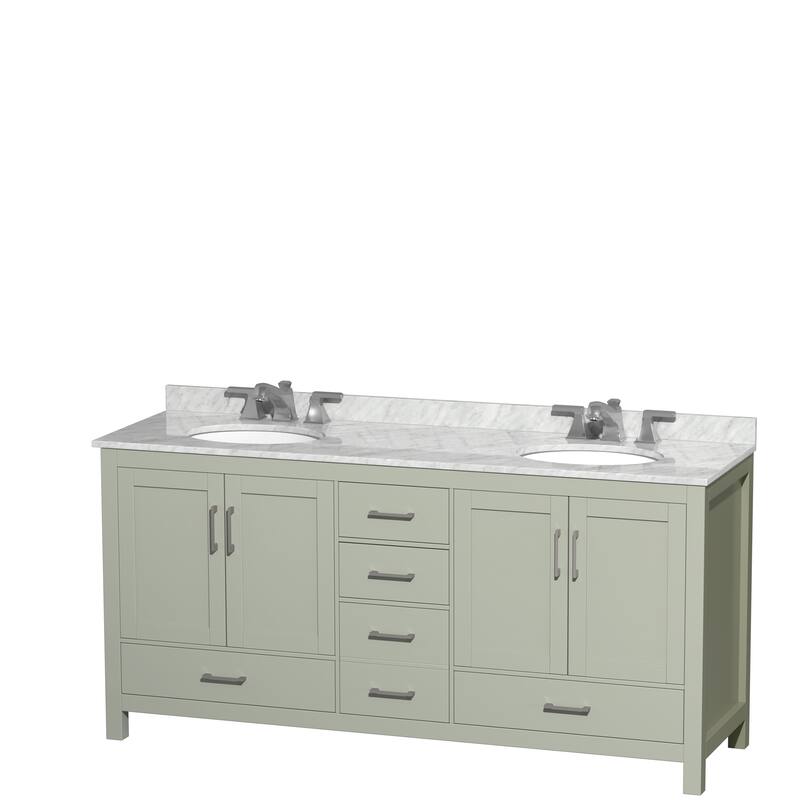 Wyndham Collection Sheffield Double Vanity Set - 72-Inch Double - Light Green, White Carrara Marble Top, Nickel Trim