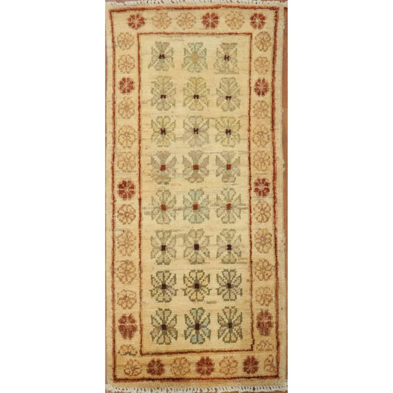 Hand Knotted Oriental 100% Wool Carpet Traditional All-Over Yellow & Gold Peshawar Runner Rug - 3' 3'' X 1' 6''