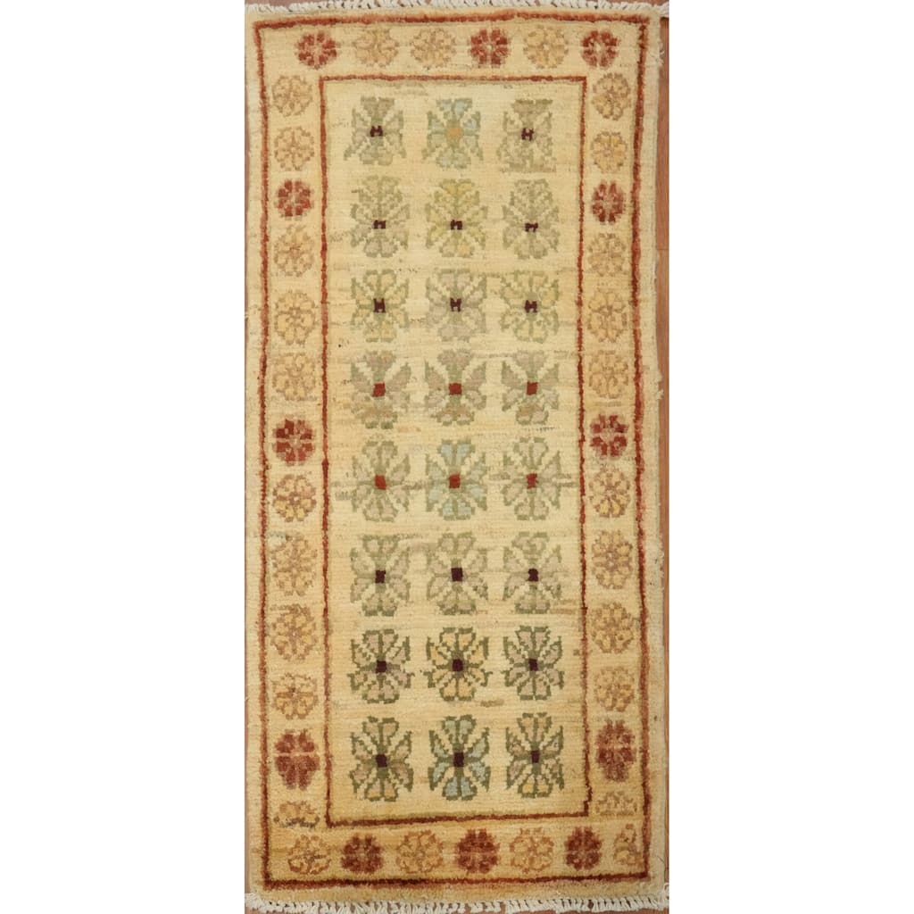 Hand Knotted Oriental 100% Wool Carpet Traditional All-Over Yellow & Gold Peshawar Runner Rug - 3' 3'' X 1' 6''