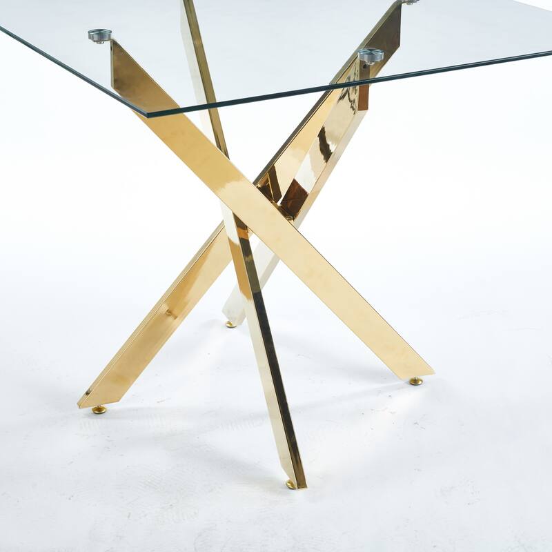 Modern Square Dining Table with Tempered Glass Top & Cross Metal Legs, Space-Saving for Kitchen and Living Room
