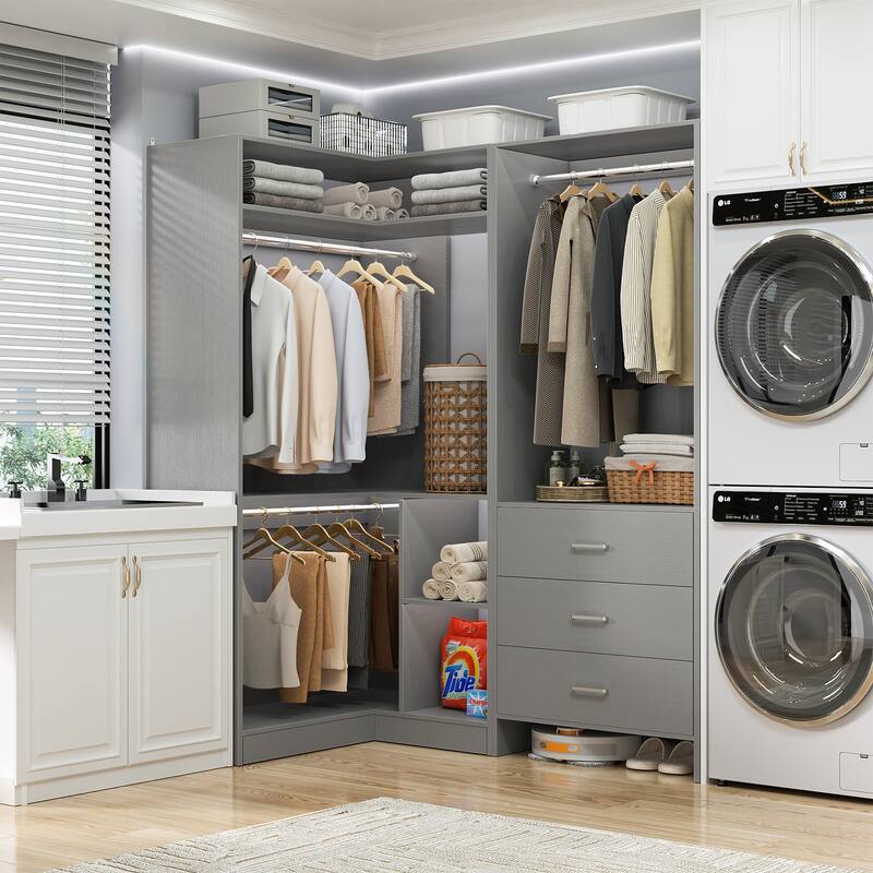 Set of 2 Freestanding Corner Closet Organizer with Drawers, Walk-in Closet System with Hanging Rods