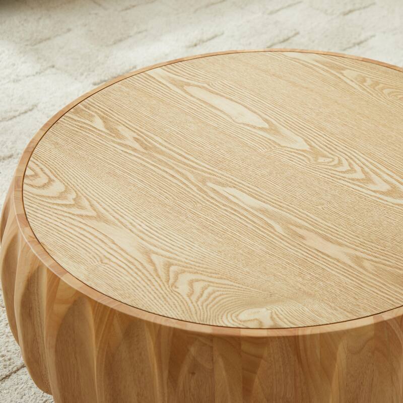 Round Coffee Table, Drum Coffee Table Contemporary Wood Round Coffee Table with Fluted Centry Table