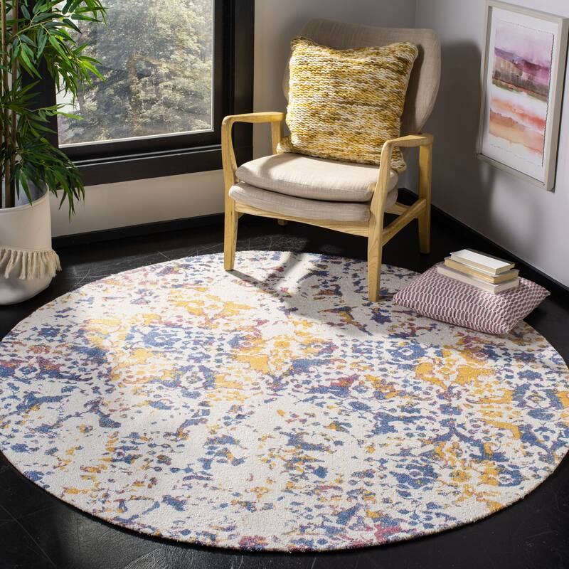SAFAVIEH Hand-knotted Expression Erza Vintage Boho Abstract Wool Rug - 6' Round - Ivory/Navy