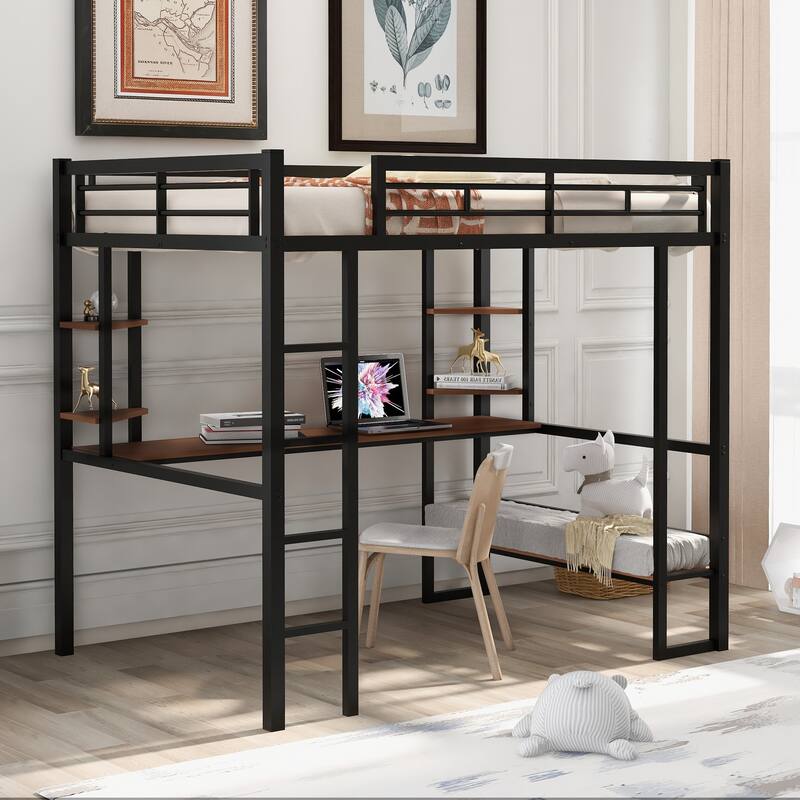 Full Size Metal Loft Bed with Long Desk and Shelves for Kids, Boys and Girls - Black