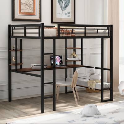 Full Size Metal Loft Bed with Long Desk and Shelves for Kids