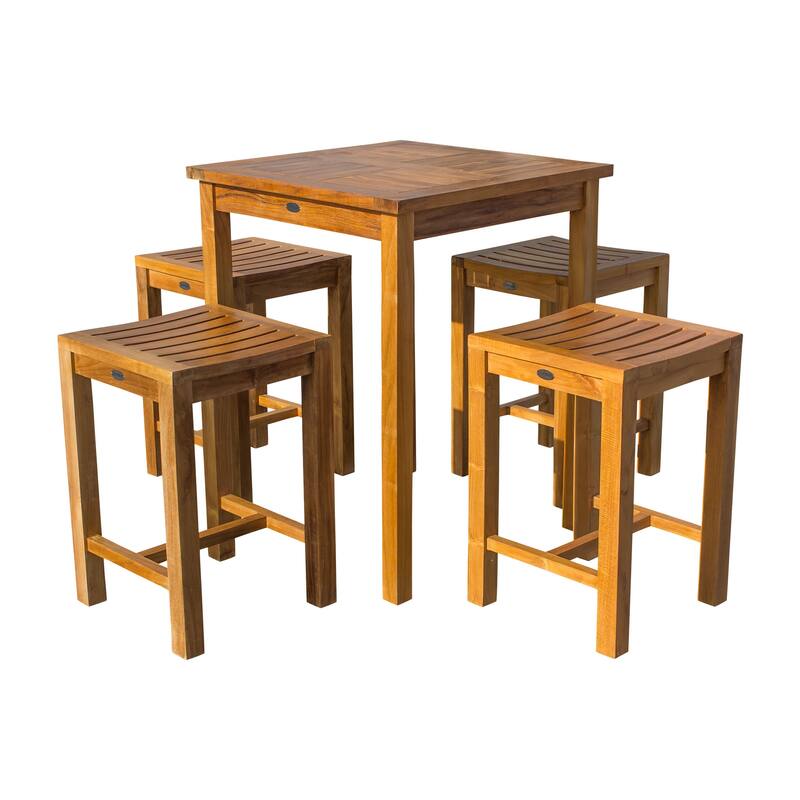 Chic Teak 5 Piece Teak Wood Seville Small Counter Height Patio Bistro Dining Set, 4 Counters Stools and 27" Square Table