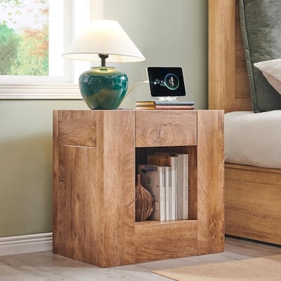 Modern Nightstand with Charging Station, End Table w/Hidden Drawers
