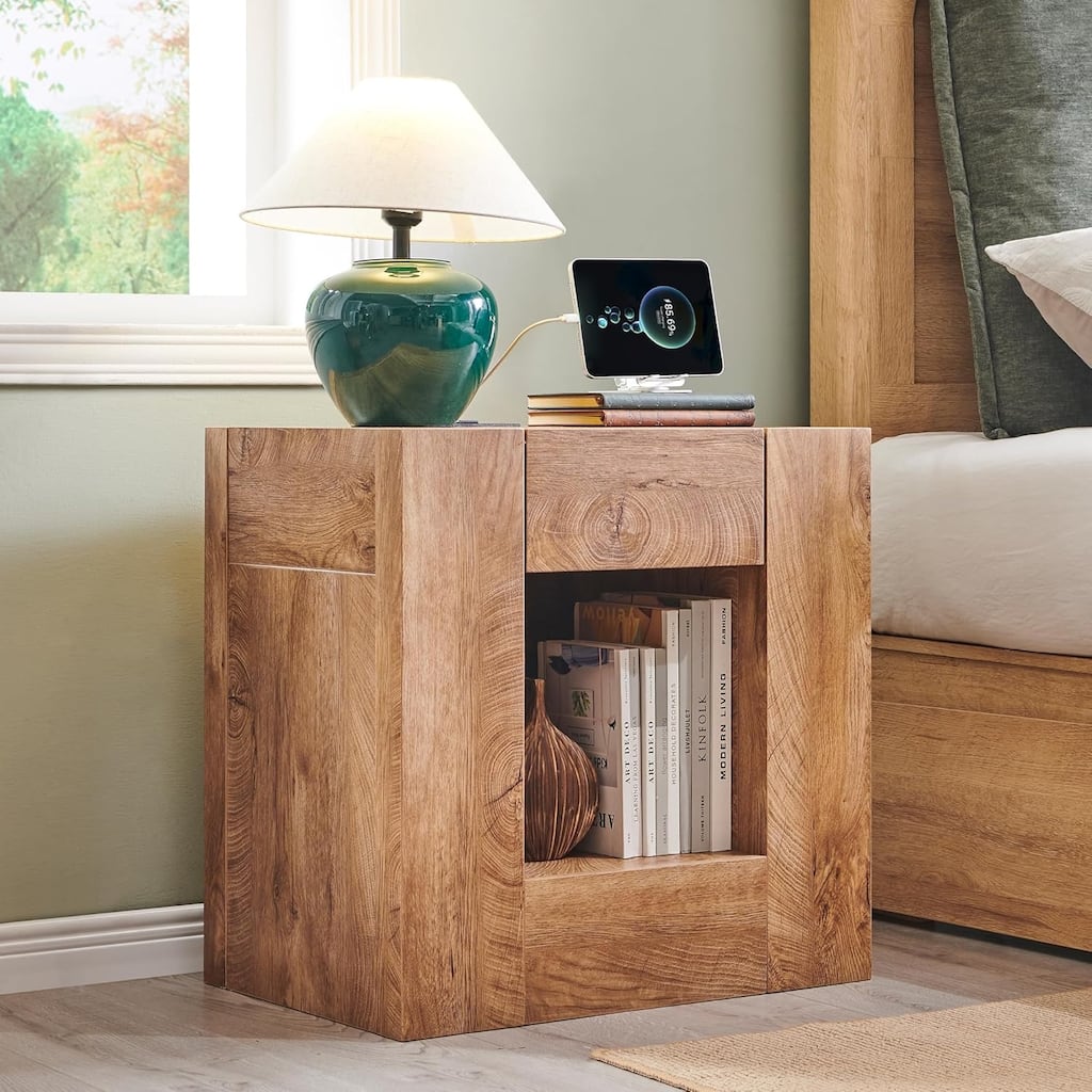 Modern Nightstand with Charging Station, End Table w/Hidden Drawers