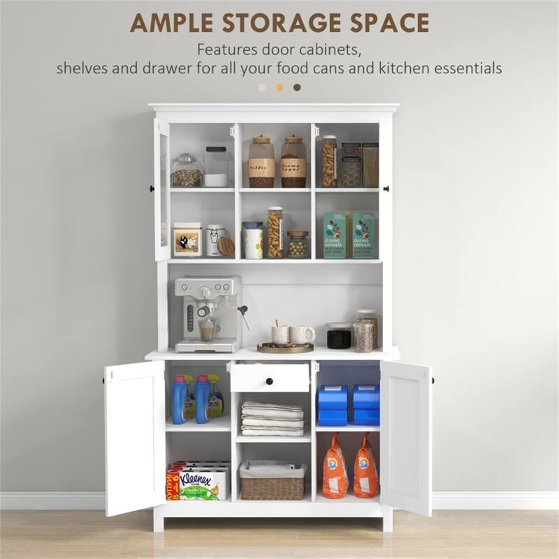 Matte White Buffet Cabinet with Glass Doors and Adjustable Open Shelves for Kitchen or Living Room