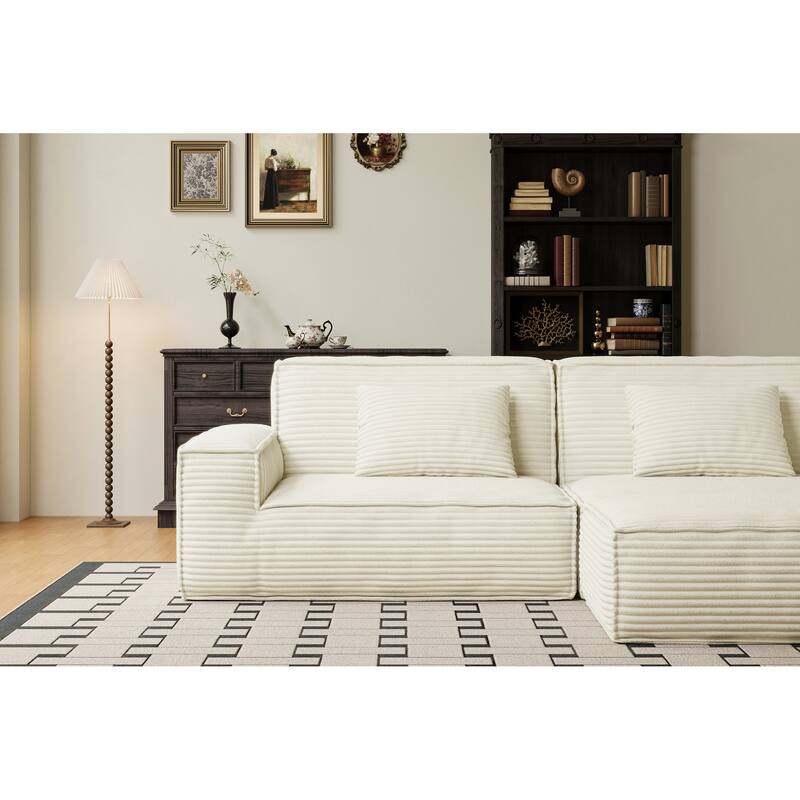 Anmytek Modern Large Striped Vacuum Compressed Full Sponge High Rebound Straight Sofa with Footstool Beige