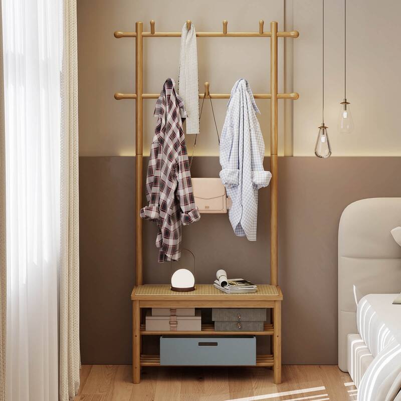 Costway Bamboo Coat Rack with Bench Shoe Storage 2 Hanging Rods 11 - See Details