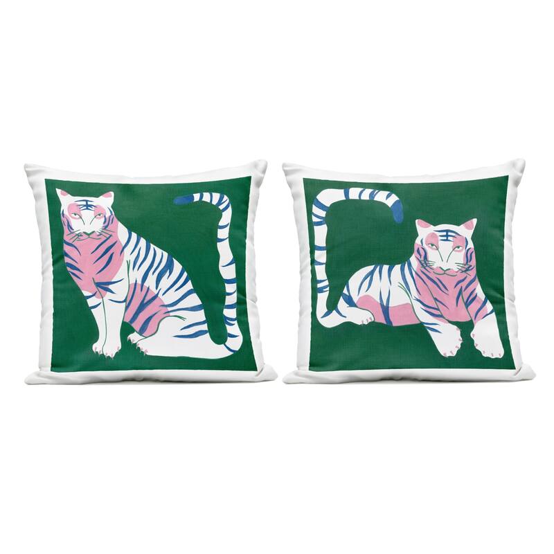 Stupell Fierce Lounging Tigers Printed Outdoor Throw Pillow Design by Melissa Wang (Set of 2) - Pillow Sets - Polyester - Green - Set of 2
