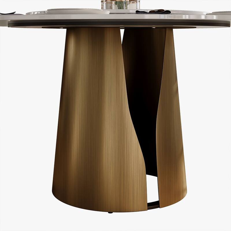 Modern Round White Dining Table，Sintered Stone Tabletop, Solid Black Carbon Steel Base