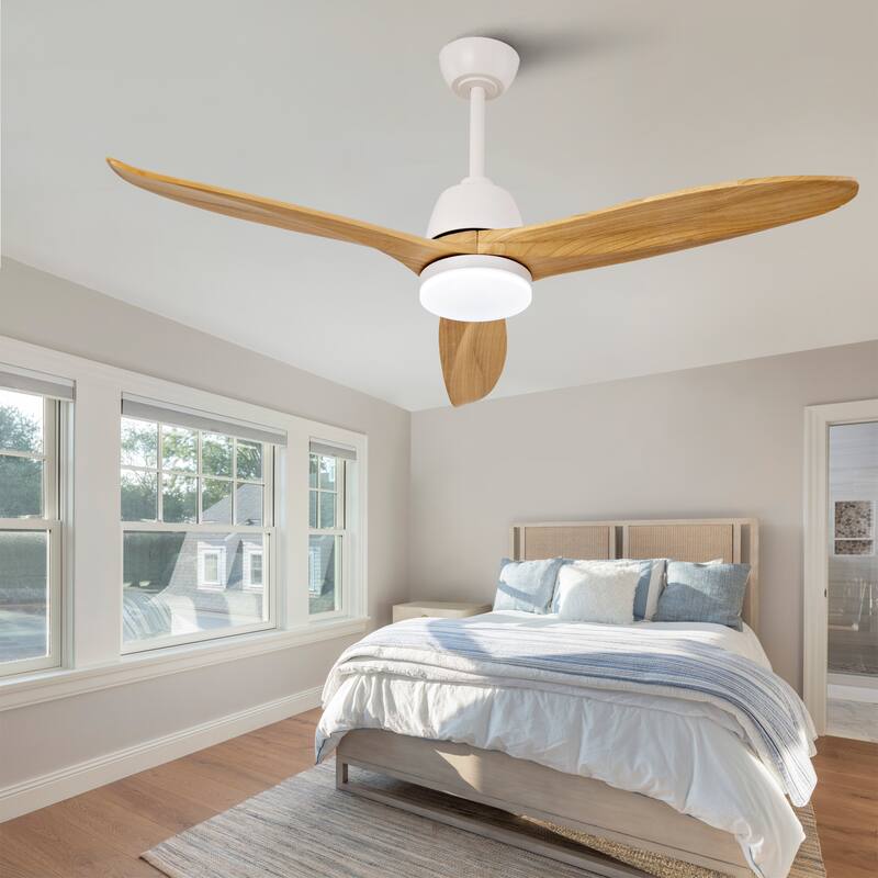 Hot sales 52 Inch Black Ceiling Fan With 3 Color Dimmable 5 Solide Wood Blades Remote Control Reversible DC Motor With Led Light - White
