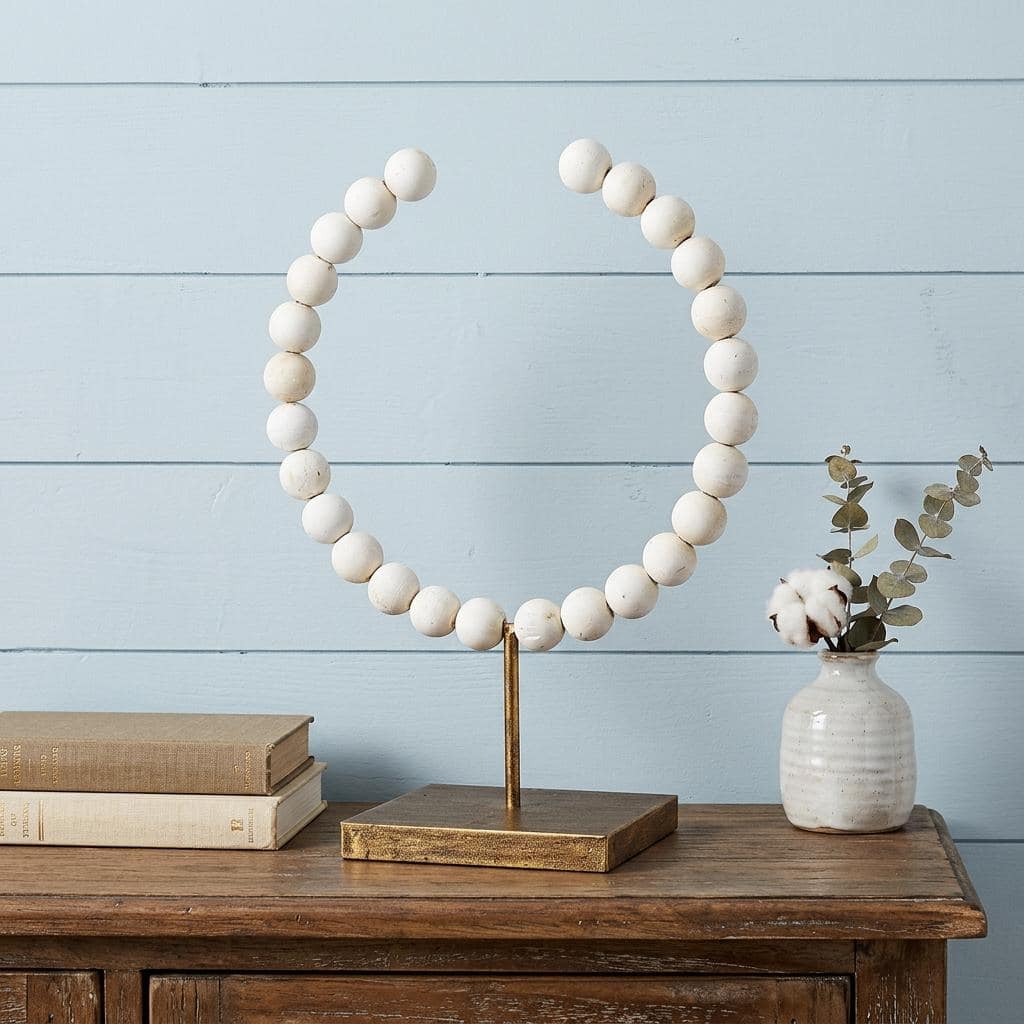 HomeRoots 16" White and Gold Wood and Metal Abstract Beaded Tabletop Sculpture