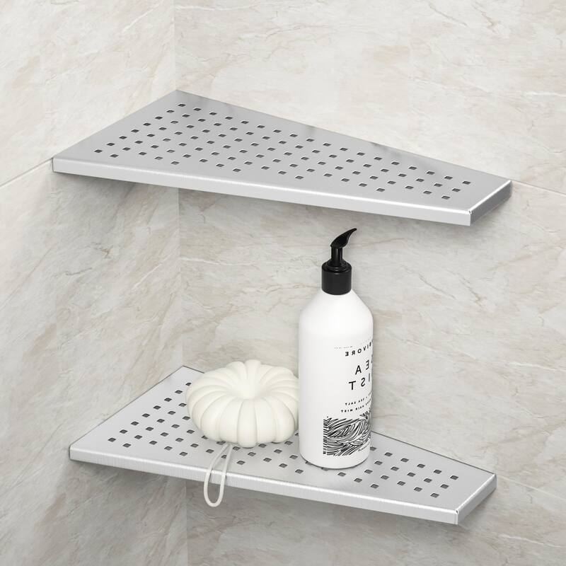 12 Inch Finish 304 Stainless Steel with Grid Design Bathroom Shelf Racks - Brushed