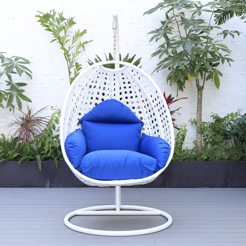 Patio Hanging Egg Swing Chair with White Wicker Shell and Iron Frame for Indoor Outdoor Patio Porch Garden Backyard