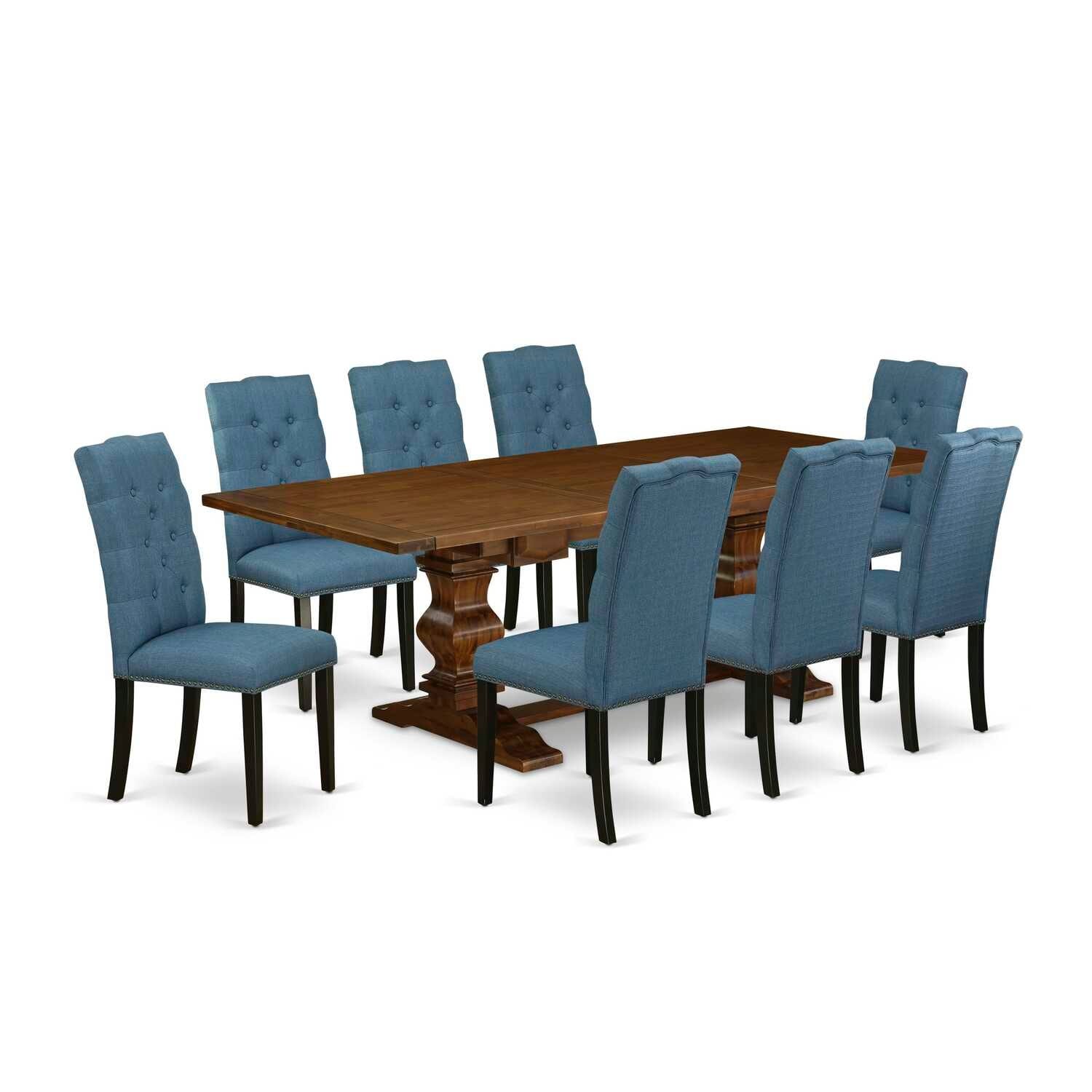 Modern 9-Piece Dining Set - Rectangular Table & 8 Linen Fabric Chairs - Antique Walnut & Black Finish - 92