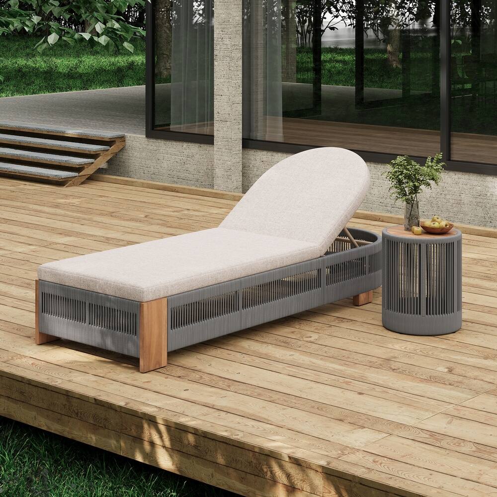 Outdoor Chaise Lounge w/Adjustable Backrest and Waterproof Cushion, Acacia Wood Pool Chair