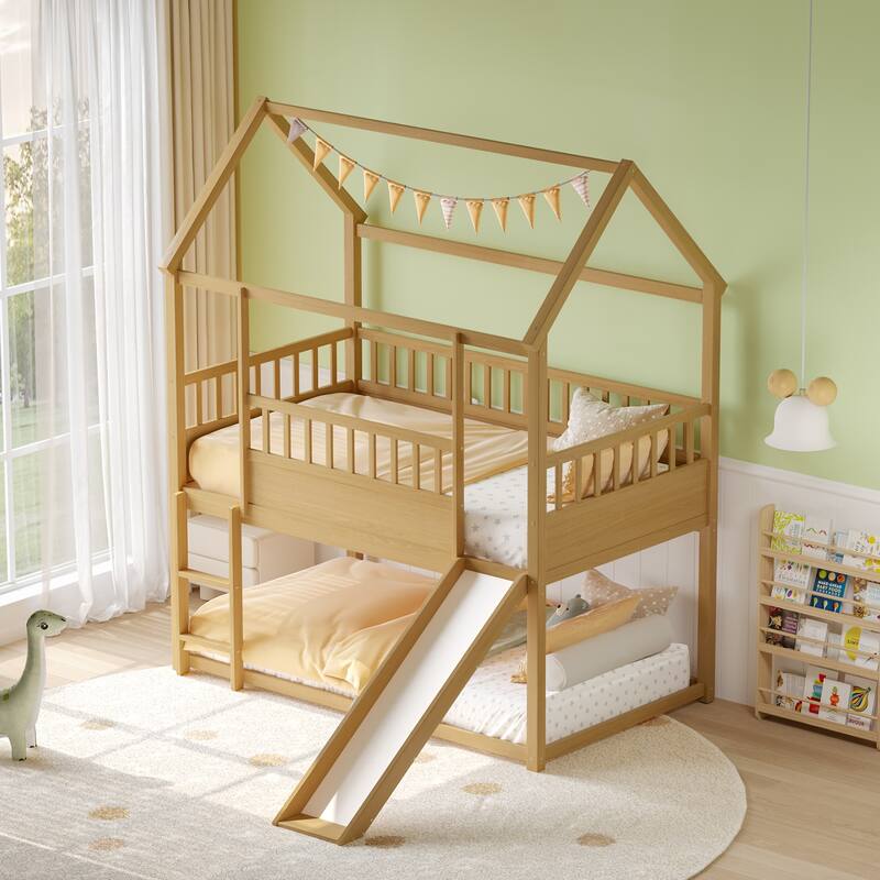 Twin Over Twin Floor Bunk Bed with Convertible Slide and Ladder, Twin Size Low Bunk Bed, Wooden House Bunk Bed Frame with Roof