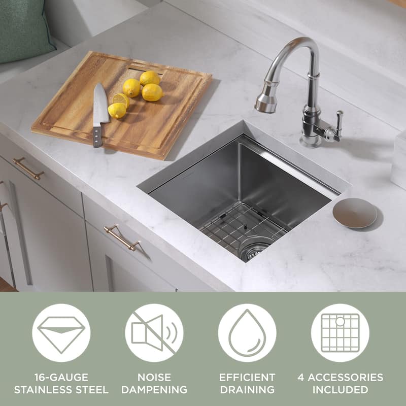 Whitehaus Undermount Single Bowl 16 Gauge Brushed Stainless Steel Workstation Sink With Accessories
