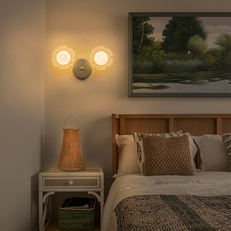 Gold Lotus Leaf Textured Glass Plate Wall Sconce Moon Globe Lampshade