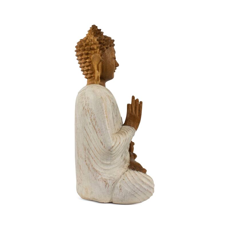 Wood Buddha Statue Hand Carved Whitewashed Vitarka Mudra Sculpture, Zen Home Decor