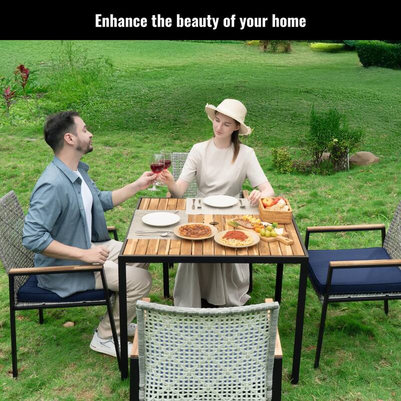 All Weather 5-Piece Patio Dining Table Sets, Patio Conversation Set Acacia Wood Table Top with Umbrella Hole, Rattan Outdoor