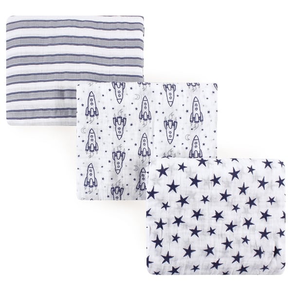 slide 1 of 1, Hudson Baby Infant Boy Cotton Muslin Swaddle Blankets, Rocket Ship, One Size - Rocket Ship - 3-Pack 3-Pack - Rocket Ship