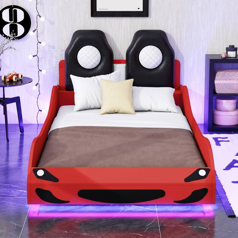 Race Car-Shaped Platform Bed Twin Size Kids Bed, Creativity Car Bed with Upholstered Backrest Headboard and Light Strips