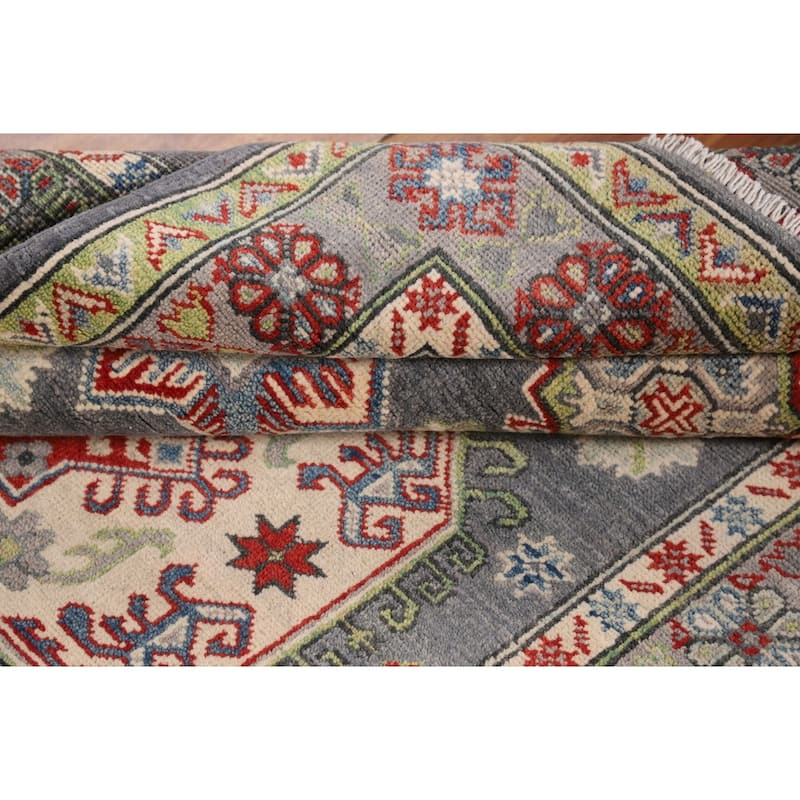 Geometric Kazak Rug Hand-Knotted Grey Oriental Wool Carpet - 4'0" x 6'0"