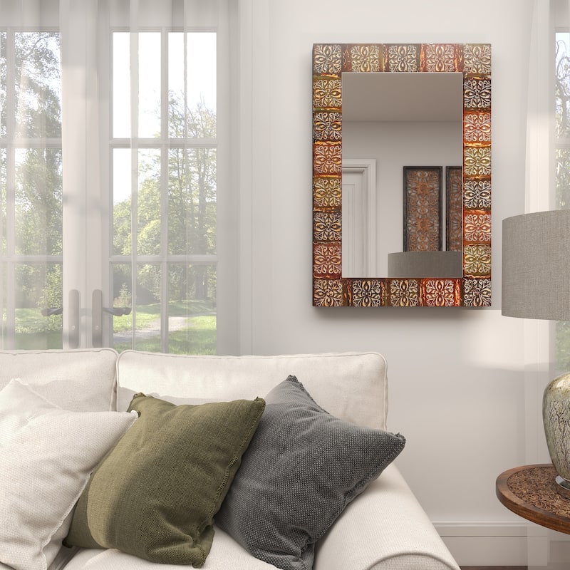 Metal Floral Room Wall Mirror with Embossed Metal - Multi Colored - Roche River Decor
