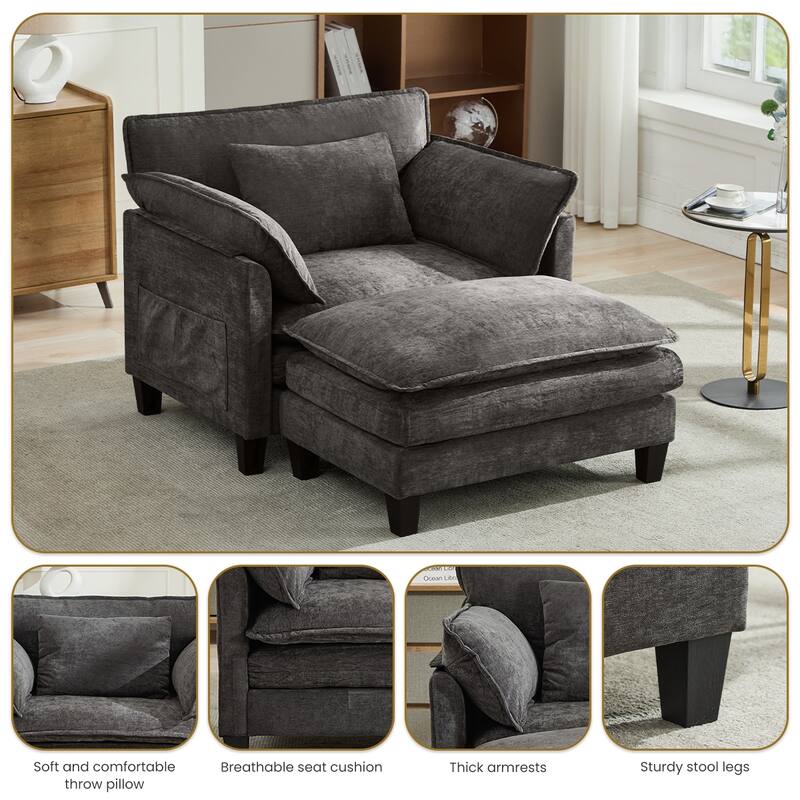 Oversized Single Sofa Chair with Ottoman, Double-Layer Seat Cushion, Chenille Fabric Lounge Chair, Living Room Reading Chair